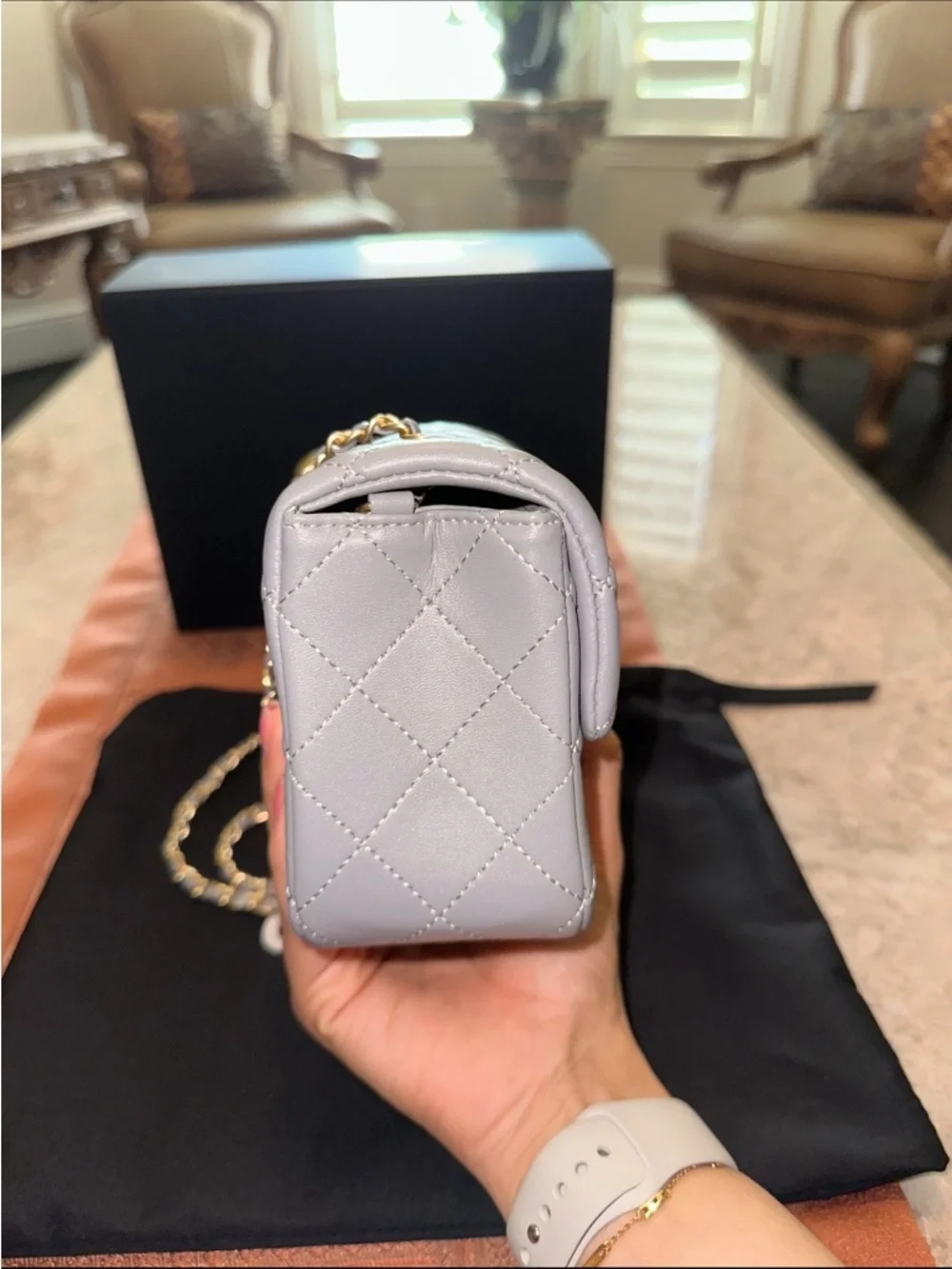 Pearl crush mini lambskin Leather Flap Bag in Light Gray with Gold Hardware - Picture 5 of 8